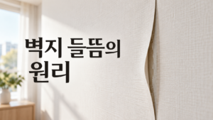 벽지 가장자리가 들뜨는 현상으로 살펴보는 재료 변화의 원리 5 벽지 가장자리가 벽면에서 살짝 들떠 접착층과 작은 틈이 보이는 모습을 통해 벽지의 재료 변화를 표현한 이미지