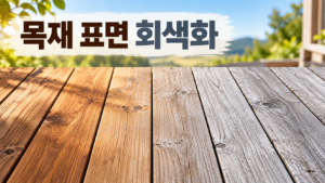 목재 표면이 햇빛에 장기간 노출되면서 회색빛으로 변하는 재료 변화 3 갈색 목재 표면이 장기간 햇빛과 외부 환경에 노출되면서 자연스러운 은회색으로 변하는 모습을 표현한 이미지